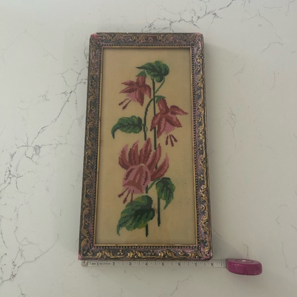 VTG Cross Stitch Floral Needlepoint Wall Art - Pink & Green Fuchsia Design - Picture 5 of 10